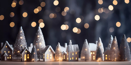 Chrismas decorations on a wooden table. Cute little figures, stars, houses, trees. Whimsical shrismas atmosphere.の素材