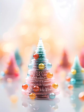 Chrismas decorations on a wooden table. Chrismas tree on a blurred background.の素材