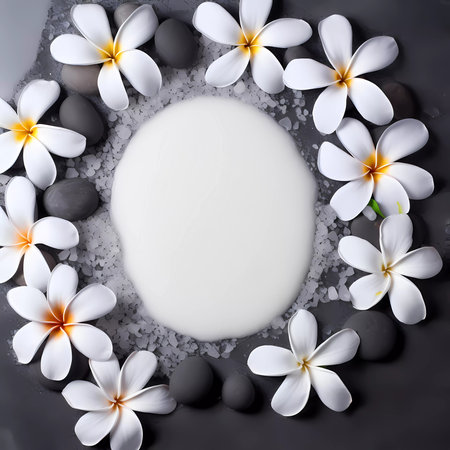 SPA smooth black stones on a white sand and beautiful flowers background. Copy space for text, bannerの素材