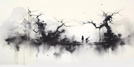 Abstract art drawing by Asian style. Black and white landscape, ink drawingの素材