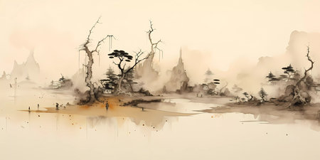 Abstract art drawing by Asian style. Beige colors landscape, ink drawingの素材