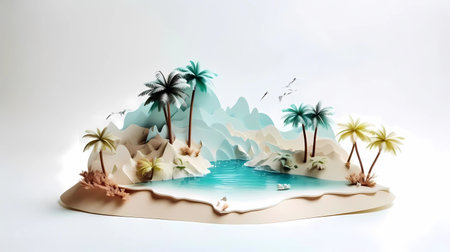 Paper craft illustration of Beautiful tropical island in the ocean with palm trees, sand beach, natureの素材