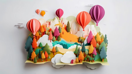 Landscape of fantasy whimsical island with forest and mountains, hot air balloon over the sea, paper craft art or origami style.の素材