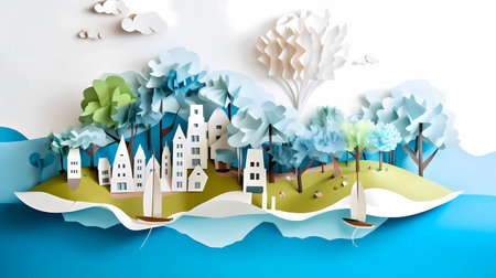 Landscape of fantasy whimsical island with forest and mountains, hot air balloon over the sea, paper craft art or origami style.の素材