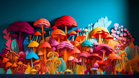 Papercut illustration, kirigami. Landscape of fantasy mushroom world. paper craft illustration.の素材