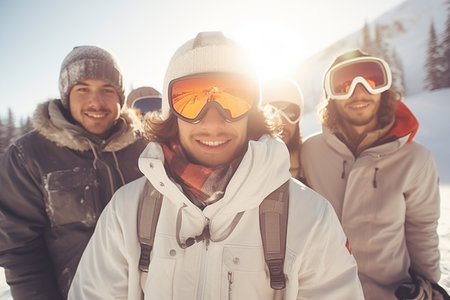 A group of happy smiling friends with ski googles looked at camera in the Ski resort. Beautiful winter sunny day.の素材