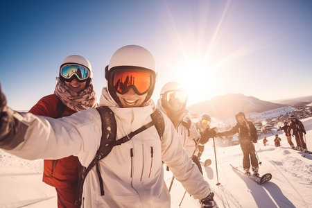 A group of happy smiling friends with ski googles looked at camera in the Ski resort. Beautiful winter sunny day.の素材