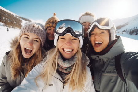 A group of happy smiling friends with ski googles looked at camera in the Ski resort. Beautiful winter sunny day.の素材