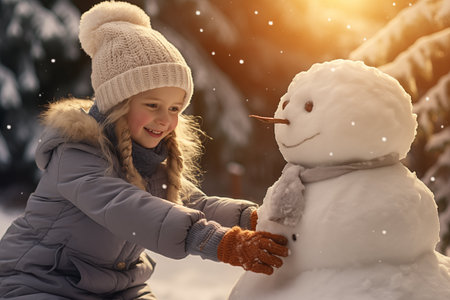 Happy children dressed in stylish clothes in winter snowy park. They playing with snow and making a snowman.の素材