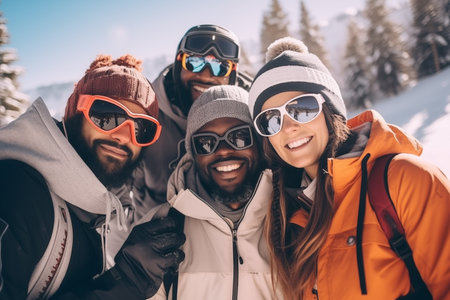 A group of happy smiling friends with ski googles looked at camera in the Ski resort. Beautiful winter sunny day.の素材