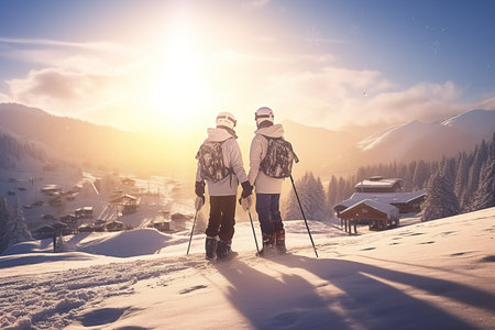 Beautiful winter sunny day in the Ski resort. People walking in Ski resort village.の素材