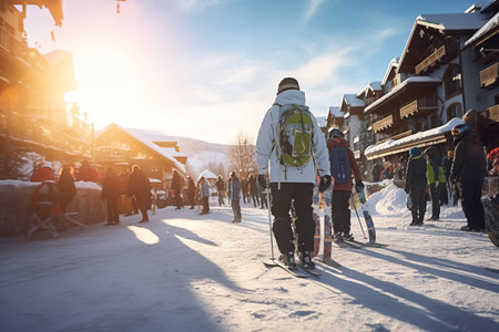 Beautiful winter sunny day in the Ski resort. People walking in Ski resort village.の素材