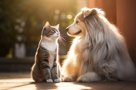 Portrait of cat and dog happy friends sitting together. Pets friendship.の素材