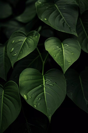 Green fresh tropical big leaves background. Organic plant textureの素材