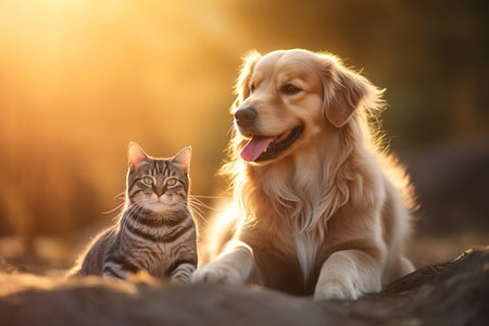 Portrait of cat and dog happy friends sitting together. Pets friendship.の素材