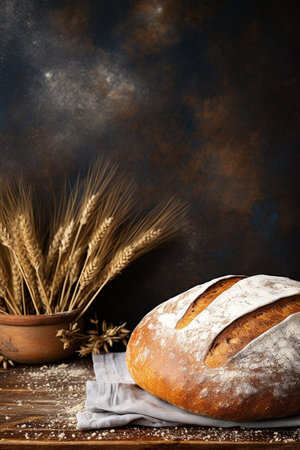 Artisanal bakery: Fresh mixed Bun, rolls, wheat and ingredients on a wooden table background with copy space.の素材