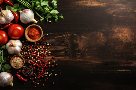 Frying onion, pepper, garlic, tomato and other greens on a dark wooden background. Copy space bannerの素材
