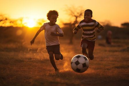 Happy african kids playing with ball. Children's football game. Outdoor, sunset, childhood. Boys playing football.の素材