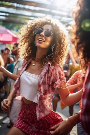 Beautiful young woman having fun at colorful music festival. Happy girl enjoying herself and dancing. Summer holiday, vacation conceptの素材