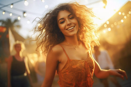 Beautiful young woman having fun at colorful music festival. Happy girl enjoying herself and dancing. Summer holiday, vacation conceptの素材