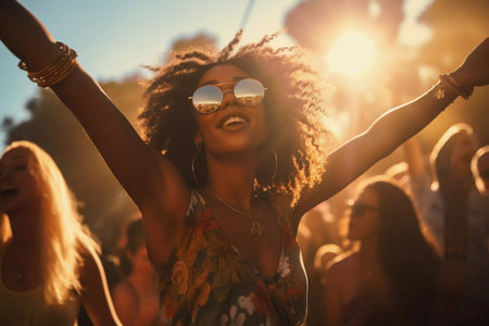 Beautiful young woman having fun at colorful music festival. Happy girl enjoying herself and dancing. Summer holiday, vacation conceptの素材