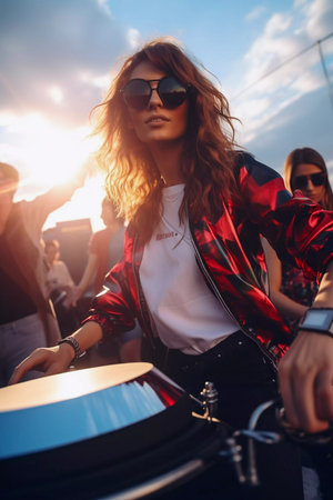 Beautiful young woman having fun at colorful music festival. Happy girl enjoying herself and dancing. Summer holiday, vacation conceptの素材