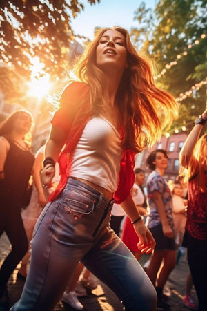 Beautiful young woman having fun at colorful music festival. Happy girl enjoying herself and dancing. Summer holiday, vacation conceptの素材