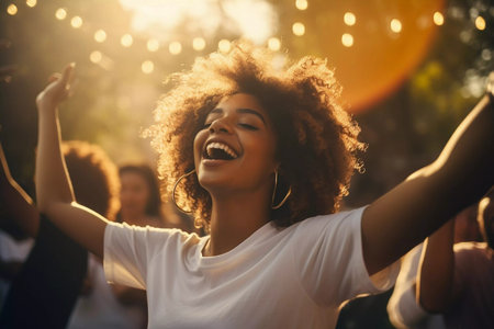 Beautiful young woman having fun at colorful music festival. Happy girl enjoying herself and dancing. Summer holiday, vacation conceptの素材