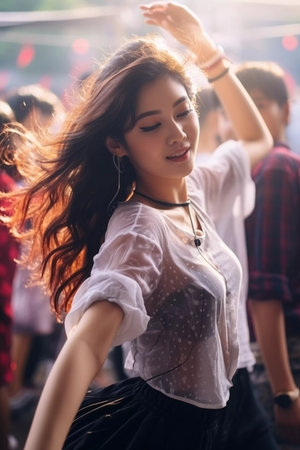 Beautiful young woman having fun at colorful music festival. Happy girl enjoying herself and dancing. Summer holiday, vacation conceptの素材