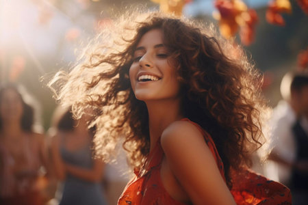Beautiful young woman having fun at colorful music festival. Happy girl enjoying herself and dancing. Summer holiday, vacation conceptの素材