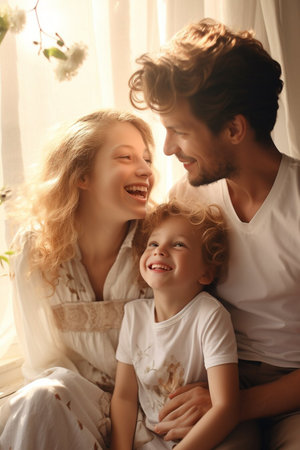 Happy family portrait: mother, father, children son and daughter smiling and enjoying. Beautiful sunny day.の素材