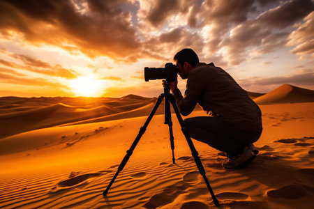 Adventurous backpacker photographer standing in the desert and looking at the beautiful landscapeの素材