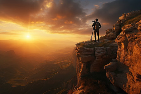 Adventurous backpacker photographer standing on mountain peak and looking at the beautiful landscape.の素材