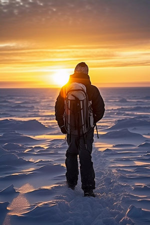 Iceland Photographer Taking Pictures on Frozen Fjord Icebergs in Sunset Twilight.の素材