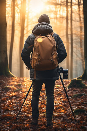 Man with a backpack and a camera in the forest. Back view.の素材