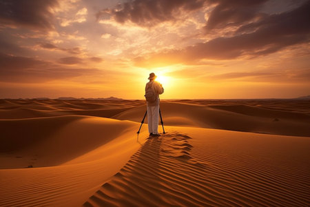 Adventurous backpacker photographer standing in the desert and looking at the beautiful landscapeの素材