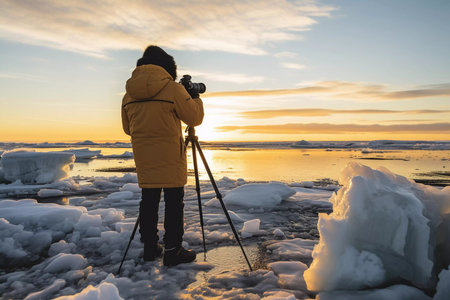 Iceland Photographer Taking Pictures on Frozen Fjord Icebergs in Sunset Twilight.の素材