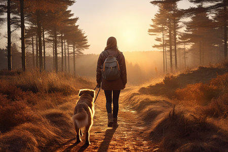A woman backpacker traveling and hiking with her pet dog. They standing on the peak of mountain and looking at the beautiful landscape viewの素材