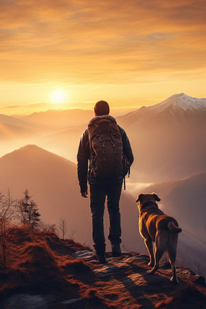 A man backpacker traveling and hiking with pet dog. They standing on the peak of mountain and looking at the beautiful landscape view.の素材