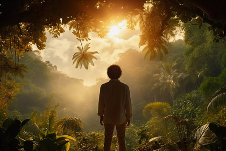 Adventurous backpacker photographer standing on Jungle and taking amazing shots of wild life.の素材