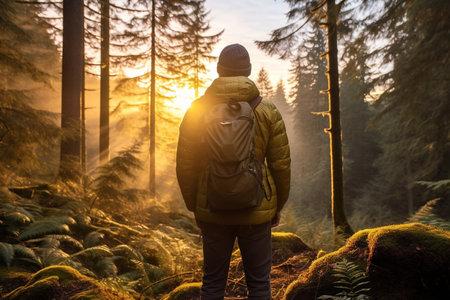 Adventurous backpacker photographer standing in the forest and taking amazing shots of wild life.の素材