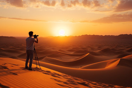 Adventurous backpacker photographer standing in the desert and looking at the beautiful landscapeの素材