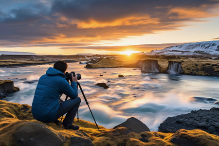 Adventurous backpacker photographer standing on mountain peak and looking at the beautiful landscape.の素材