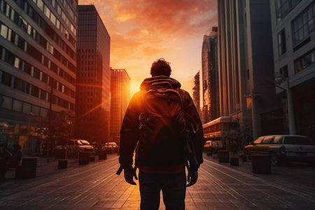 A men photographer staying on the city street, back view. Traveler and adventurer.の素材