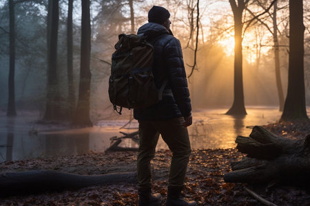Adventurous backpacker photographer standing in the forest and taking amazing shots of wild life.の素材