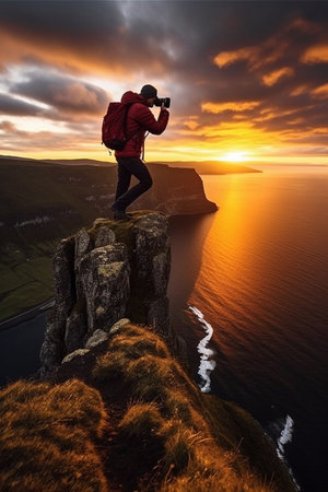 Adventurous backpacker photographer standing on mountain peak and looking at the beautiful landscape.の素材