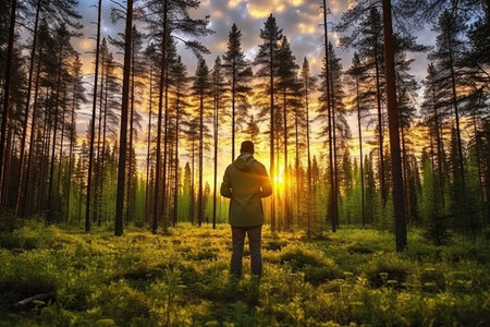 Adventurous backpacker photographer standing in the forest and taking amazing shots of wild life.の素材