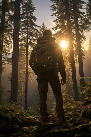 Adventurous backpacker photographer standing in the forest and taking amazing shots of wild life.の素材