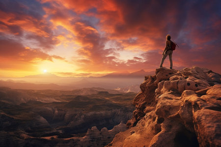 Adventurous backpacker photographer standing on mountain peak and looking at the beautiful landscape.の素材