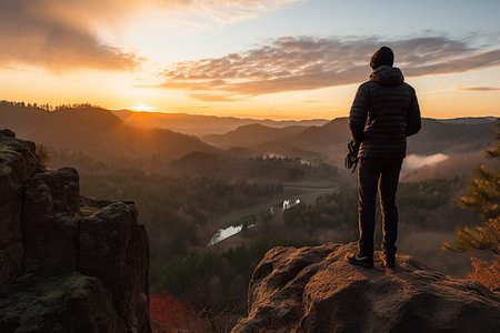 Adventurous backpacker photographer standing on mountain peak and looking at the beautiful landscape.の素材